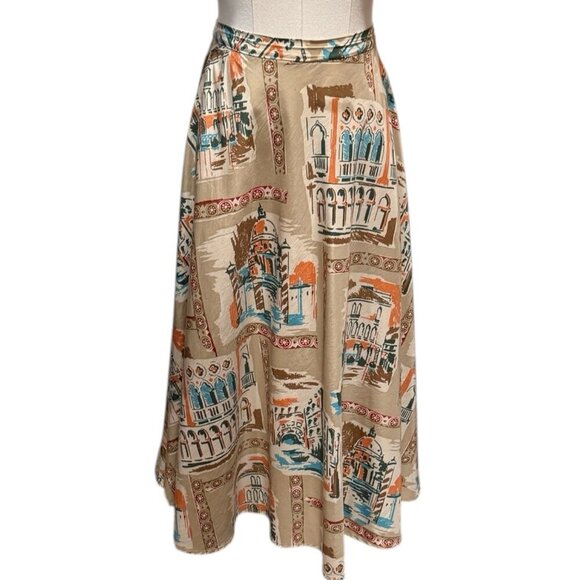 Vintage Kate Hill Size 10P Venice Italy Print Silk Blend Travel Artsy Midi Skirt - Picture 2 of 15